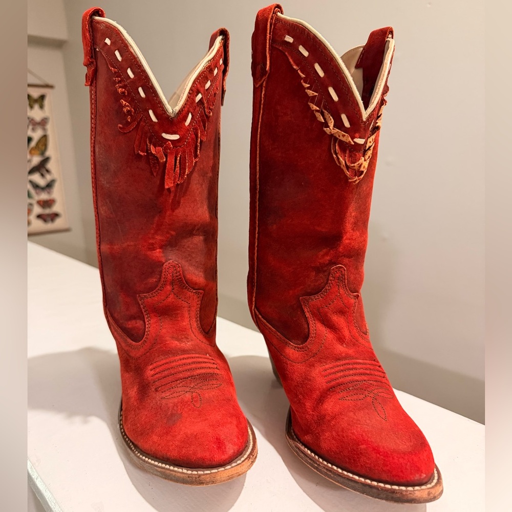 Vintage Acme Red Suede Cowboy Boots Womens 7N Fringe Western Made USA